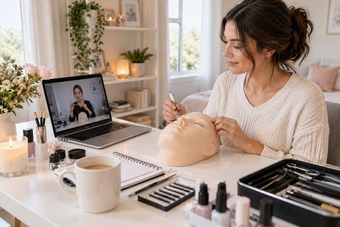 Beauty student learning lash techniques through an online course at home