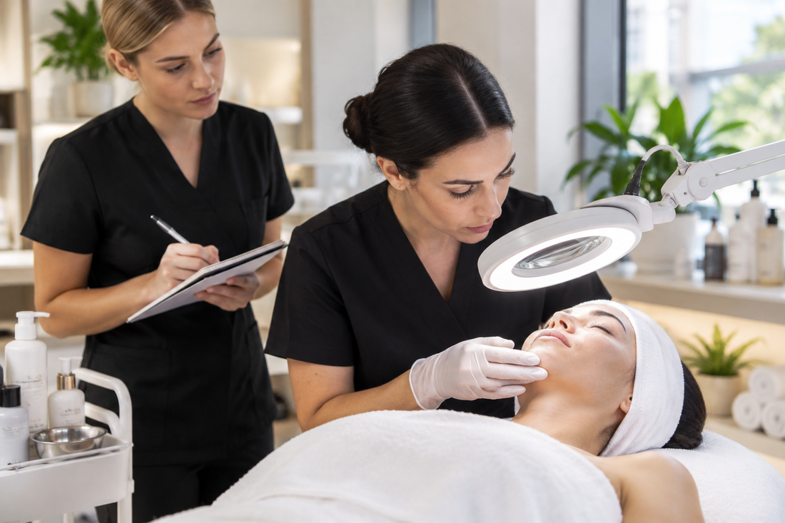Beauty therapy students practising advanced facial treatment in a training salon