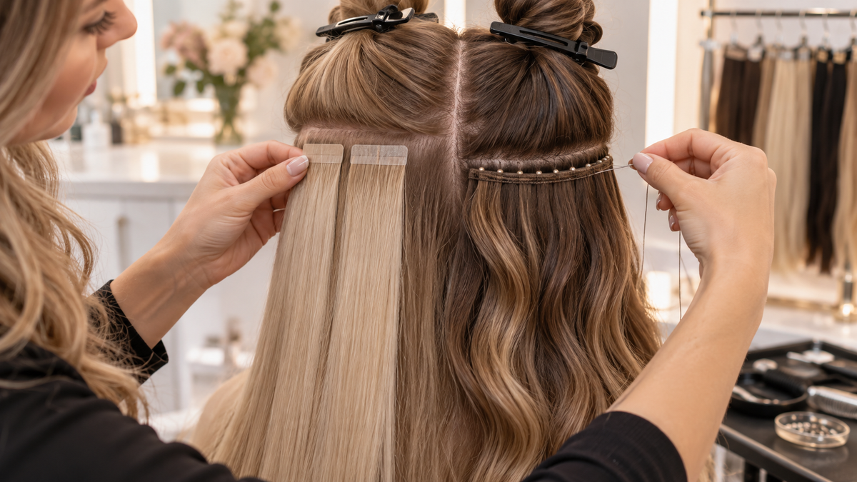 What's the Difference Between Tape-In and Hand-Tied Hair Extensions? — article-specific beauty education image