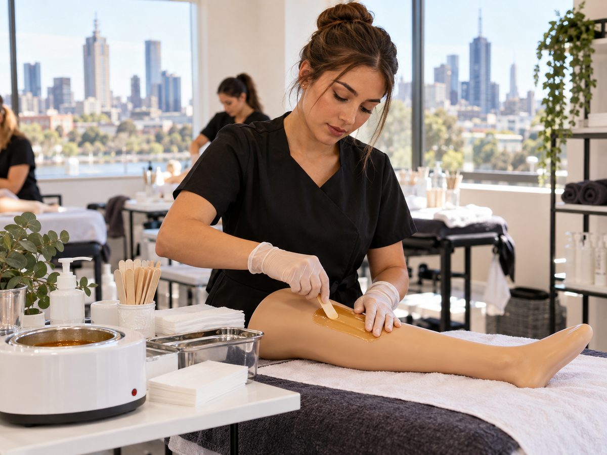 A student practicing waxing on a training leg with hygienic supplies in a bright Melbourne studio