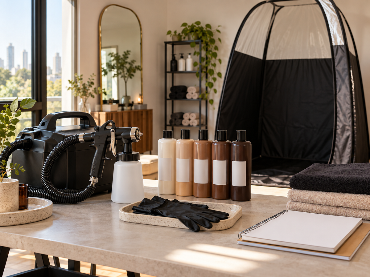 Professional spray tanning equipment arranged for training in a Melbourne studio