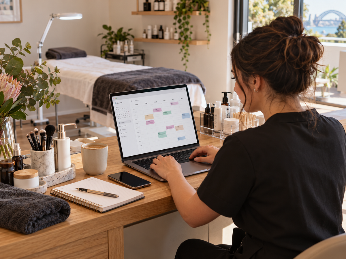 A home salon owner configuring an online booking calendar on laptop beside beauty tools