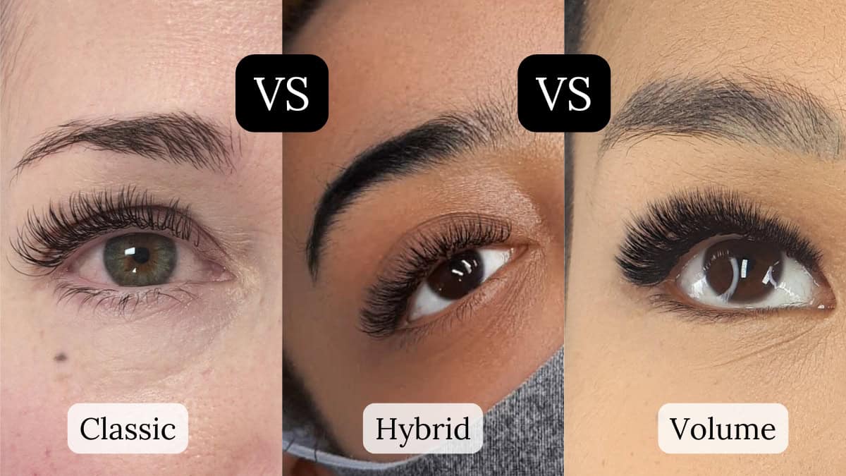 Close-up of hybrid lash extensions showing classic and volume fan combination — lash training at Bela Beauty College